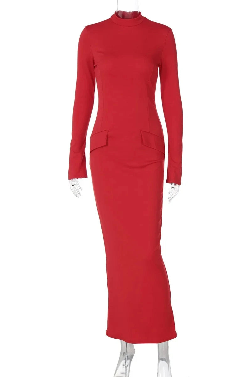 Glorol - Elegant Turtleneck Long Sleeve Maxi Dress
