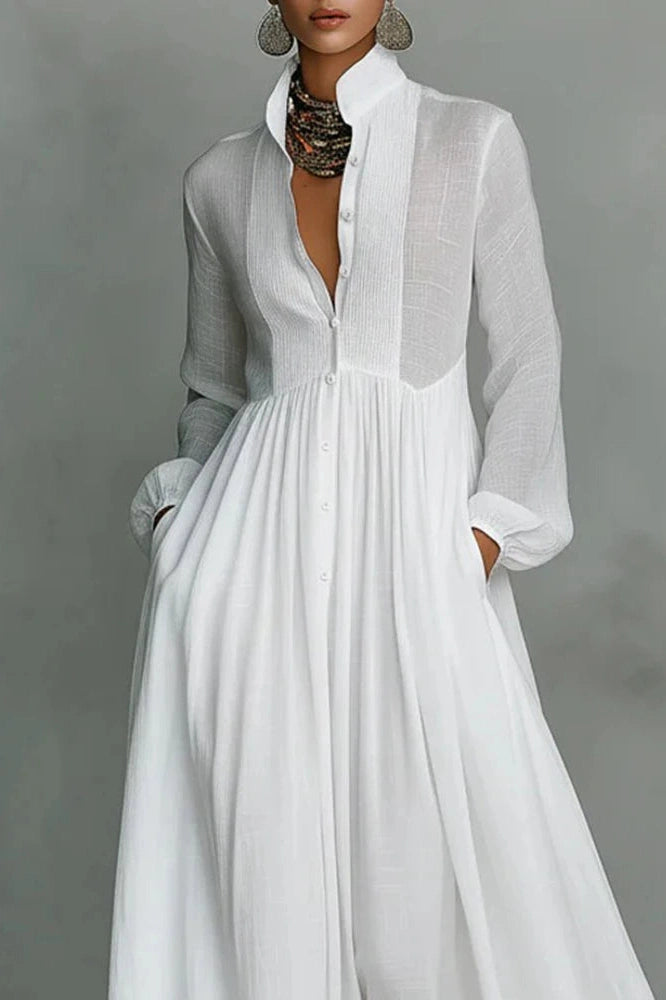 Glorol - Elegant Long Sleeve Pleated High Waist Maxi Dress