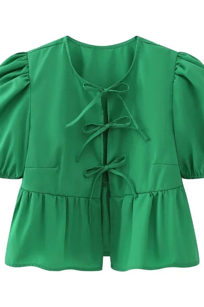 Glorol - Hollow Out Printed Short Sleeve Lace-Up Slim Top
