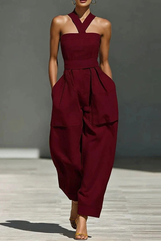Glorol - Elegant Cross Halter Lace-Up Sleeveless Backless Jumpsuit