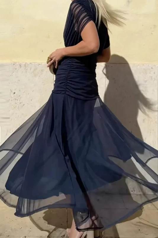 Glorol - Printed Shawl Sleeve High Waist Pleated V-Neck Off Shoulder Maxi Dress
