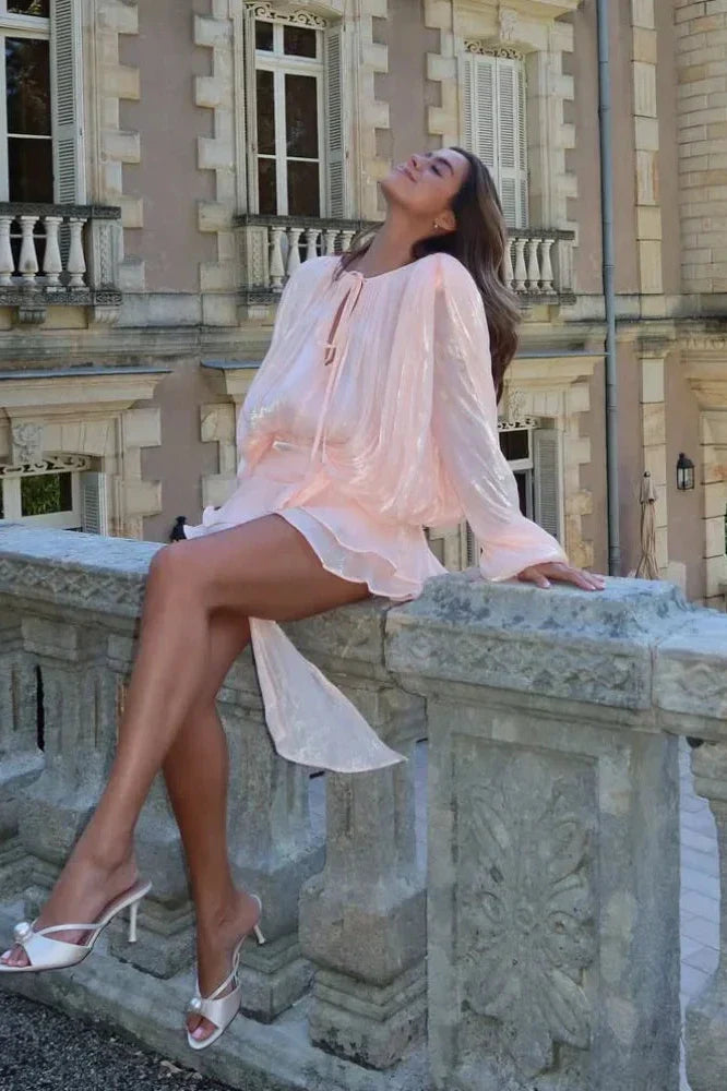 Notiglo - Patchwork A-Line Lace Up Round Neck Flared Sleeve Mini Dress