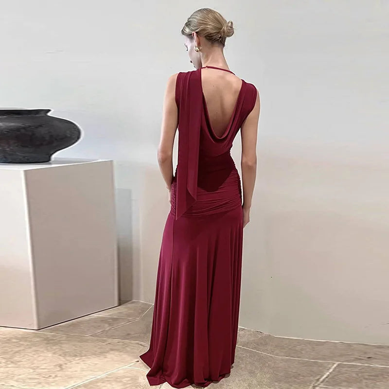 Glorol - Backless Bodycon Lace Up Sleeveless Maxi Dress