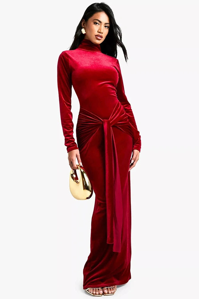 Glorol - Long Sleeve Turtleneck Bodycon Maxi Dress
