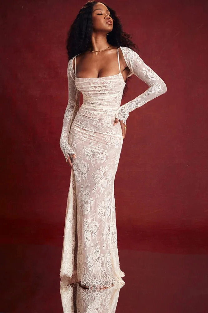 Glorol - Elegant Lace Print Spaghetti Strap Long Sleeve Maxi Dress