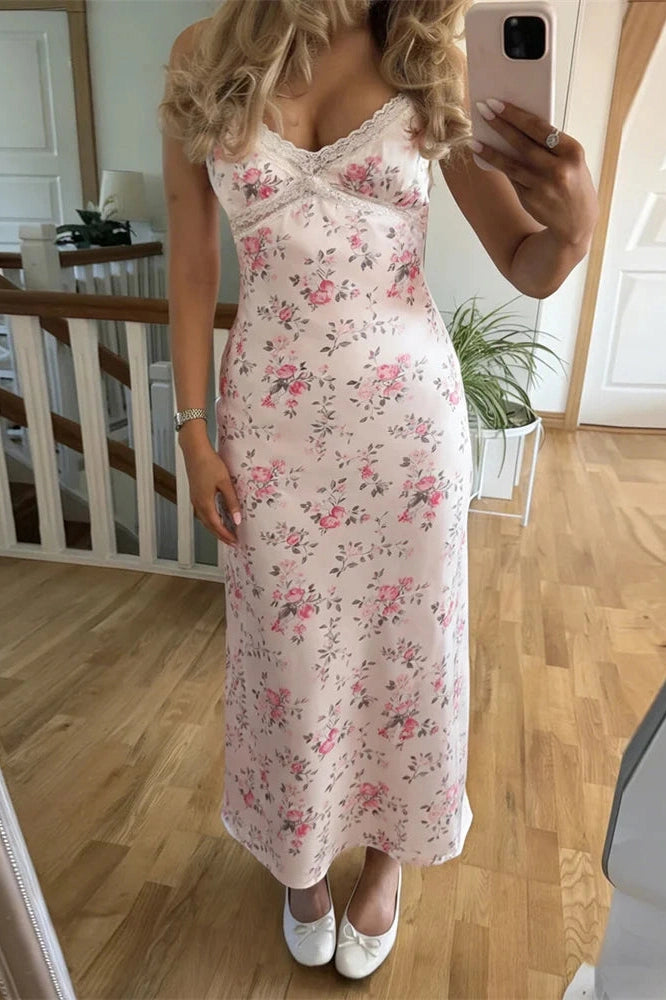 Glorol - Lace Printed Backless High Waist Slim V-Neck Maxi Dress