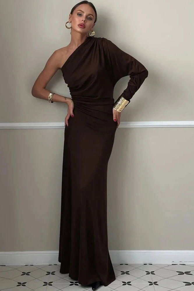 Glorol - Inclined Shoulder One Sleeve Backless Irregular Maxi Dress