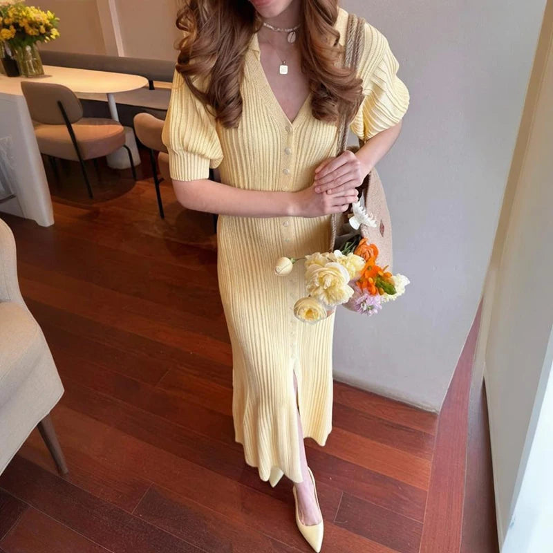 Glorol - Puff Sleeve Knitted Maxi Dress