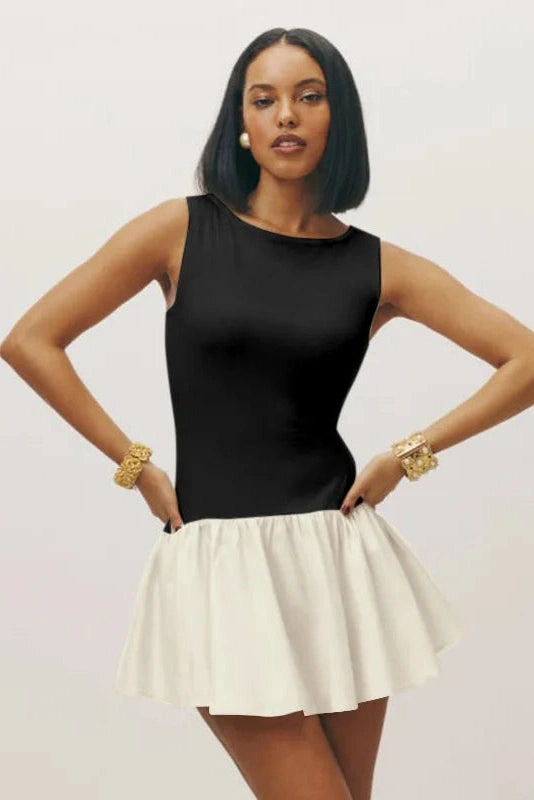 Glorol - Sleeveless Pleated High Waist Round Neck Slim Mini Dress