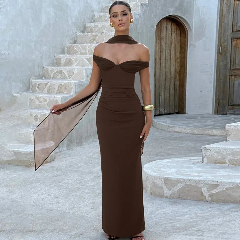 Glorol - Scarf Collar Strapless Backless Slit Maxi Dress