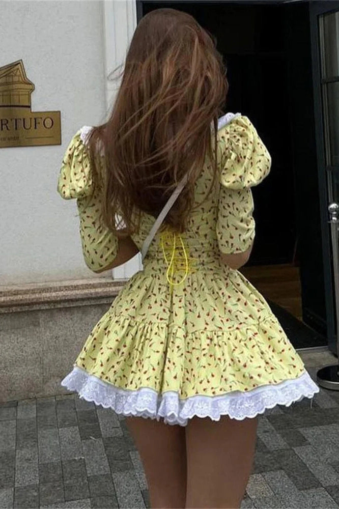 Glorol - Printed Patchwork V-Neck Short Sleeve Slim Mini Dress