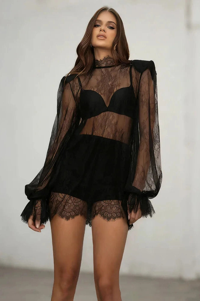 Glorol - Hollow Out Lace Patchwork Mini Dress