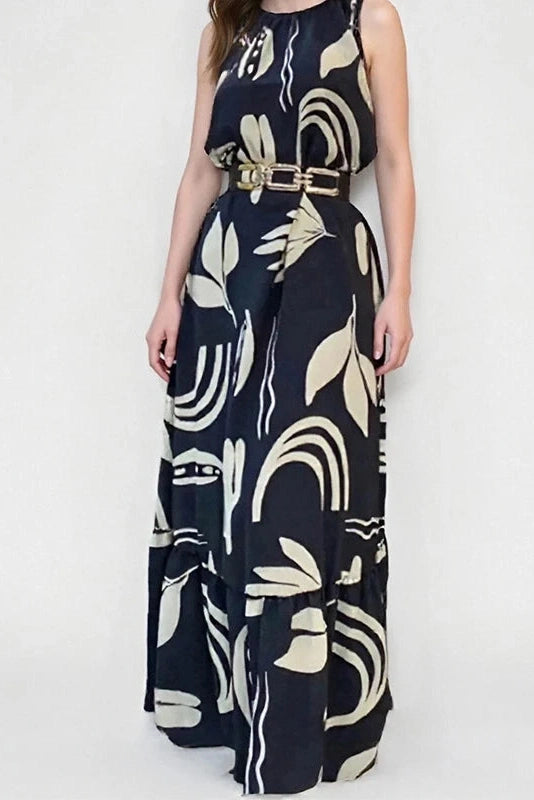 Glorol - O-Neck Sleeveless Pleated High Waist Printed Maxi Dress
