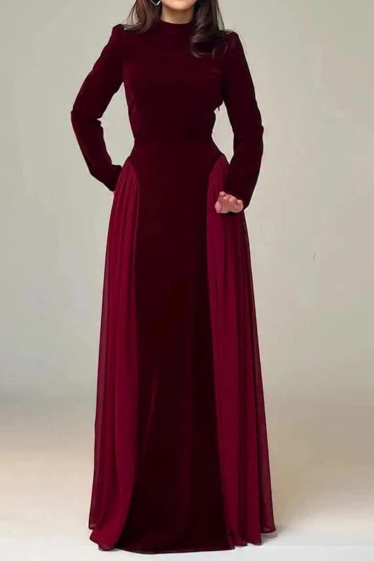 Glorol - Elegant Long Sleeve Pleated O-Neck Maxi Dress