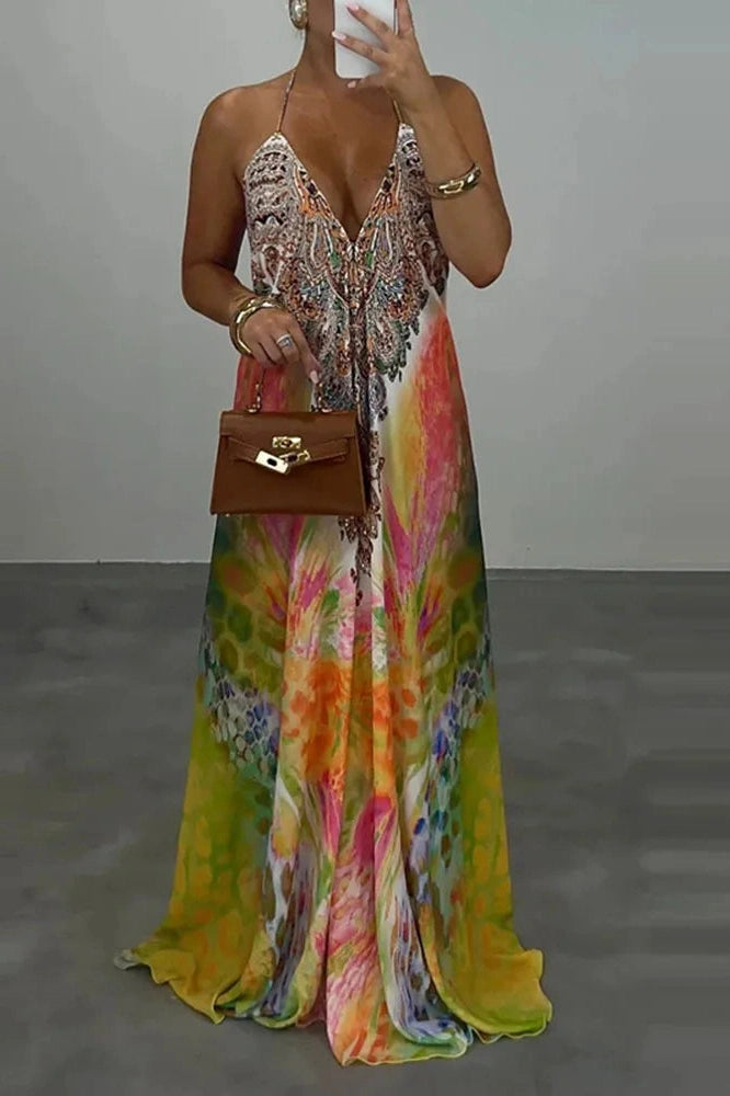 Glorol - Printed High Waist V-Neck Backless Sleeveless Loose Maxi Dress
