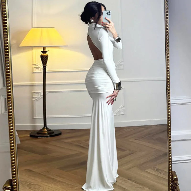 Glorol - Backless Slim Turtleneck Long Sleeve Maxi Dress