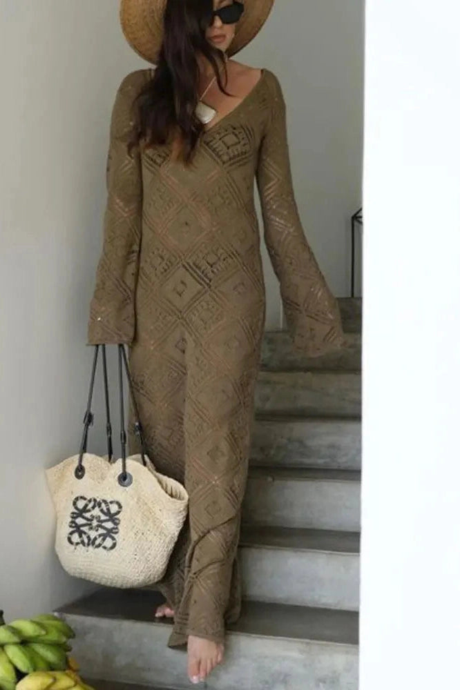 Glorol - See-Through Loose Flared Sleeve Backless V-Neck Maxi Dress