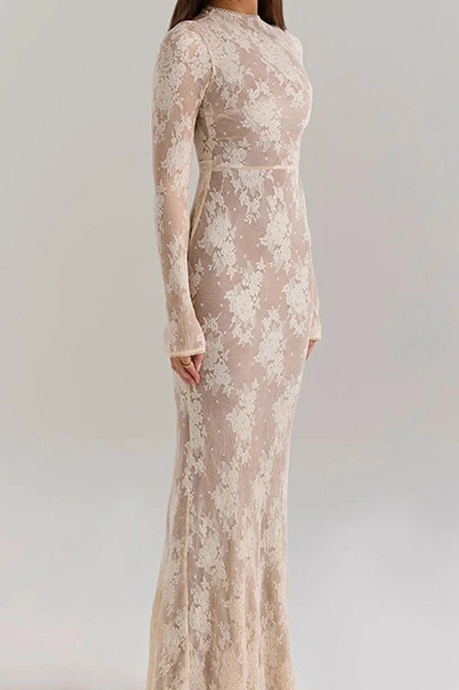 Glorol - Hollow Out O-Neck Pleated Printed Lace Long Sleeve Slim Maxi Dress