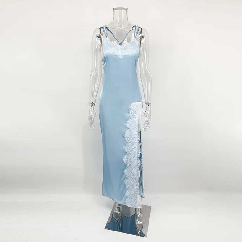 Glorol - Backless Spaghetti Strap Lace Up Slim Maxi Dress