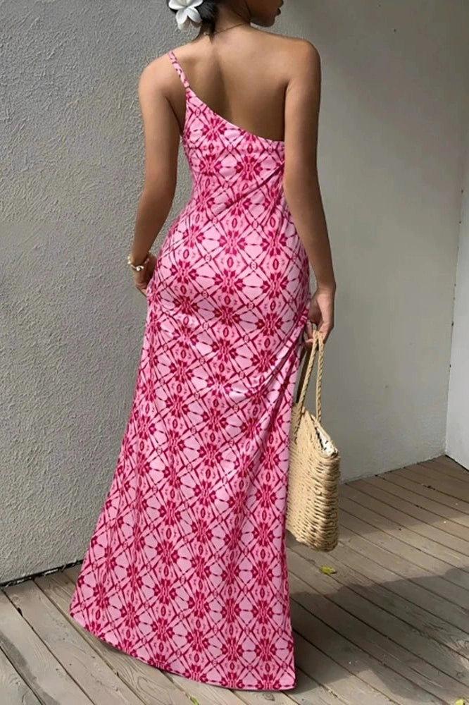 Glorol - Sleeveless Slim High Waist Printed Pleat Maxi Dress
