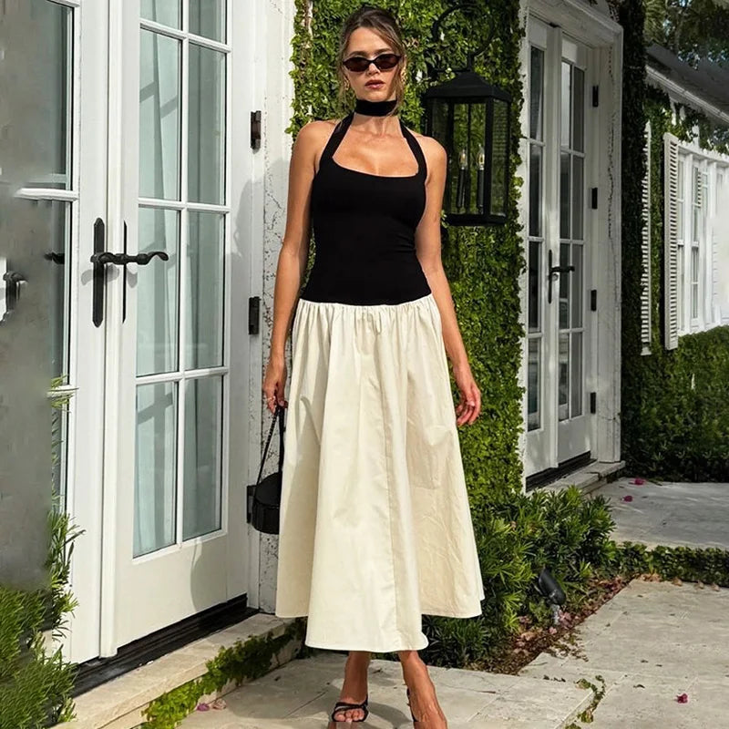 Glorol - Elegant Backless Patchwork Maxi Dress