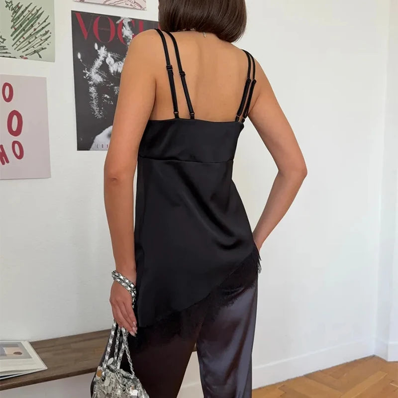 Glorol - Lace Sleeveless Backless V-Neck Irregular Top