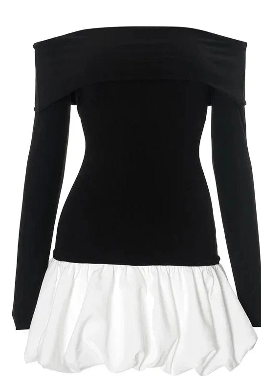 Glorol - Elegant Off-Shoulder Patchwork Long Sleeve Slim Mini Dress