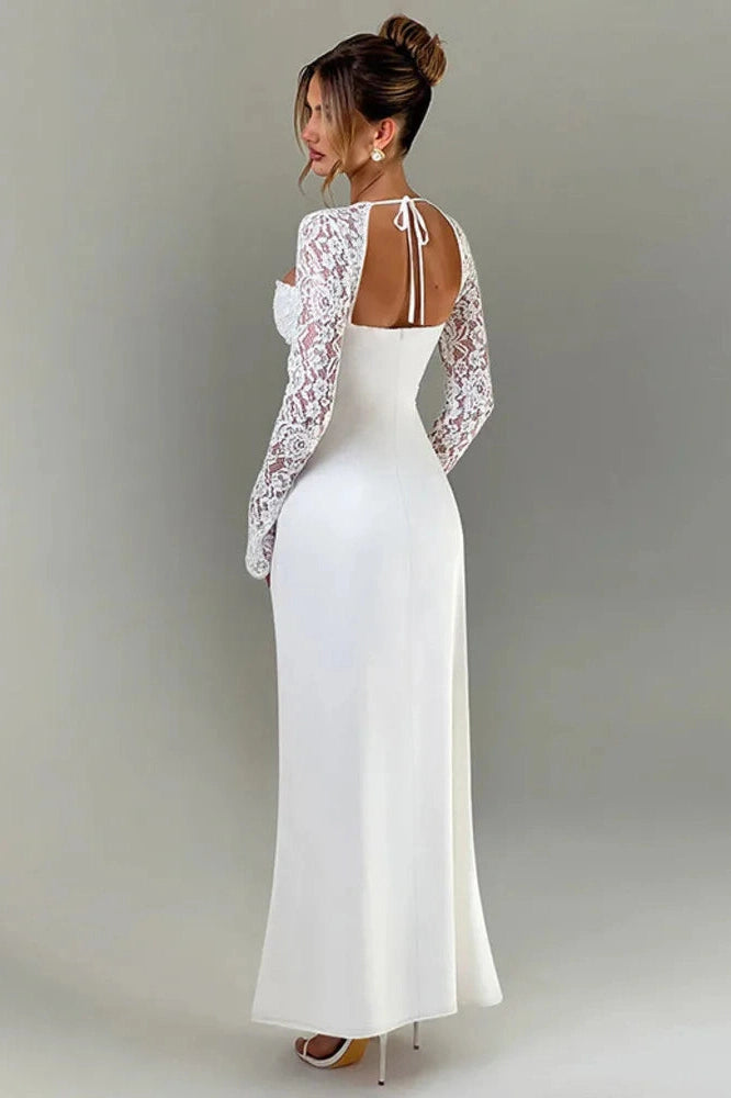 Glorol - Lace Long Sleeve Square Collar Backless Maxi Dress