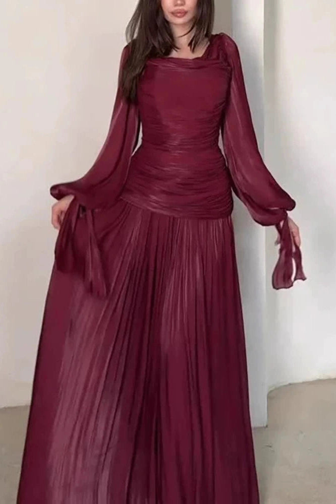 Glorol - Long Sleeve O-Neck High Waist Pleated Maxi Dress