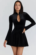 Glorol - Hollow Out Long Sleeve Velvet Turtleneck High Waist A-line Mini Dress