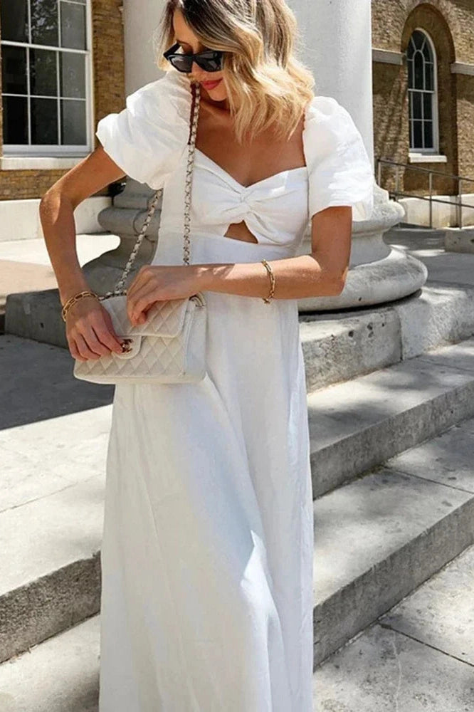 Glorol - Hollow Out Cotton Square Collar Puff Sleeve Slim A-Line Maxi Dress