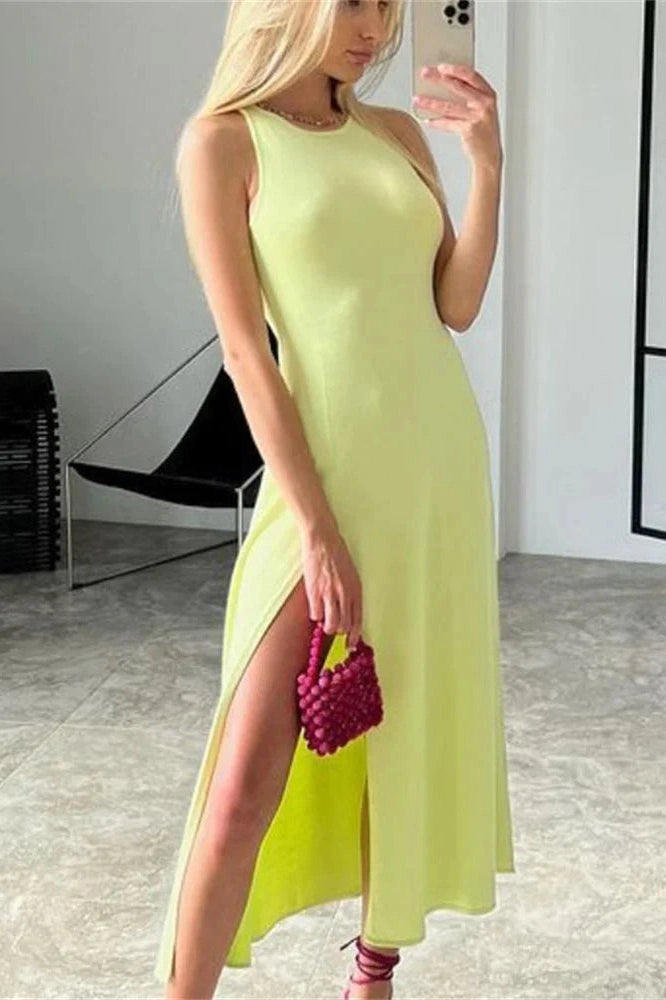 Glorol - Sleeveless Slim Bodycon High Split Midi Dress