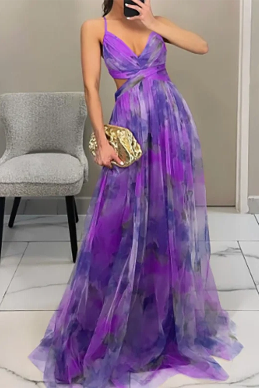Glorol - Elegant Print Pleated V Neck High Waist Backless Maxi Dress