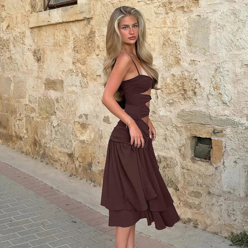 Glorol - Hollow Out Slim Spaghetti Strap Midi Dress