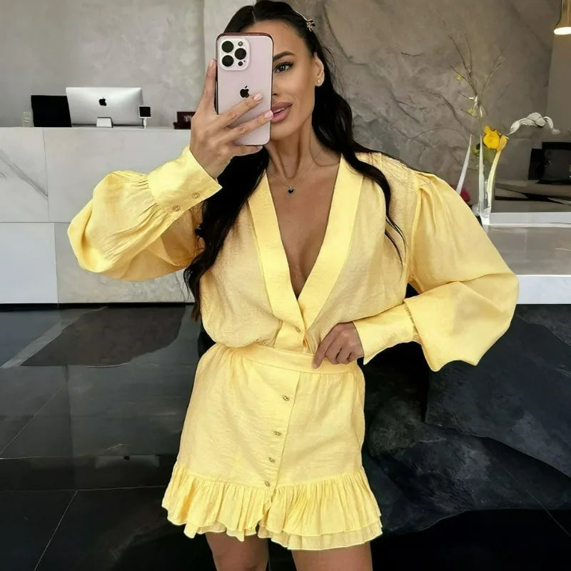 Glorol - Elegant Patchwork Long Sleeve Mini Dress