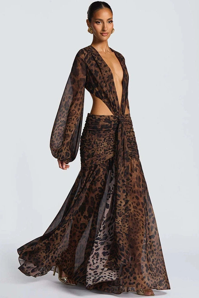Glorol - Hollow Out Printed Long Sleeve Backless Bodycon Maxi Dress