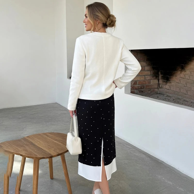 Glorol - Elegant High Waist Polka-Dot Splice Skirt
