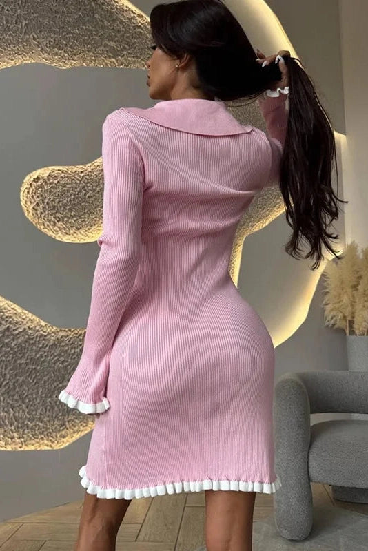 Glorol - Elegant Knitted Long Sleeve Single-Breasted Bodycon Mini Dress