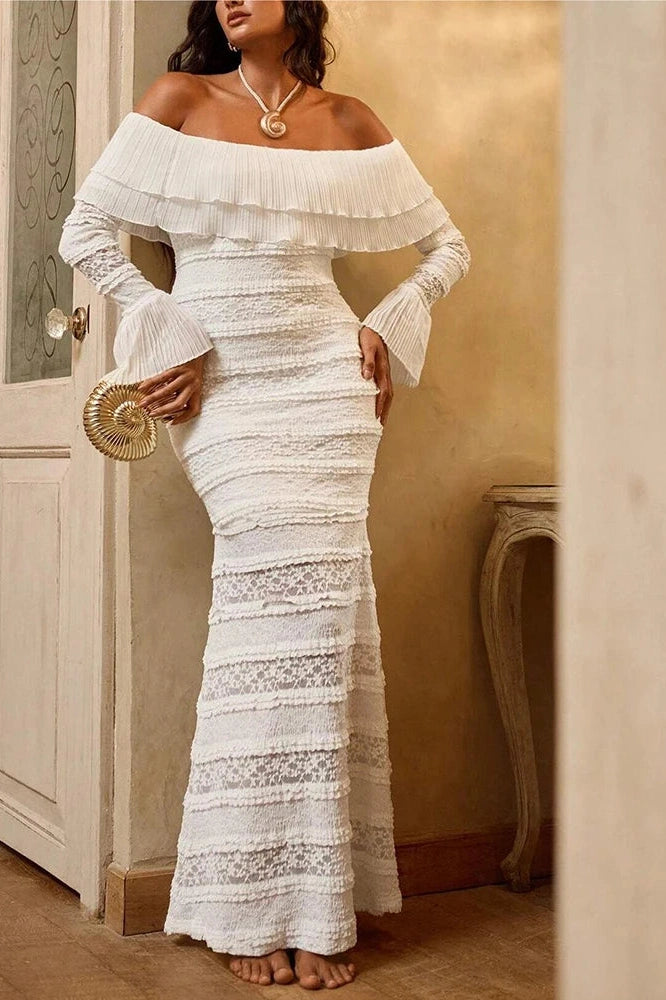 Glorol - Lace Hollow Out High Waist Slim Off-Shoulder Pleated Maxi Dress