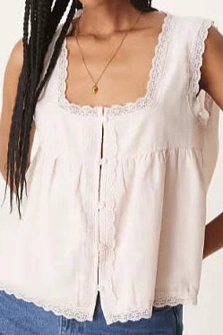 Glorol - Sleeveless Square Neck Lace Button Top