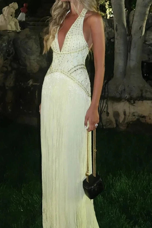 Glorol - Sleeveless Backless High Waist V-Neck Slim Maxi Dress
