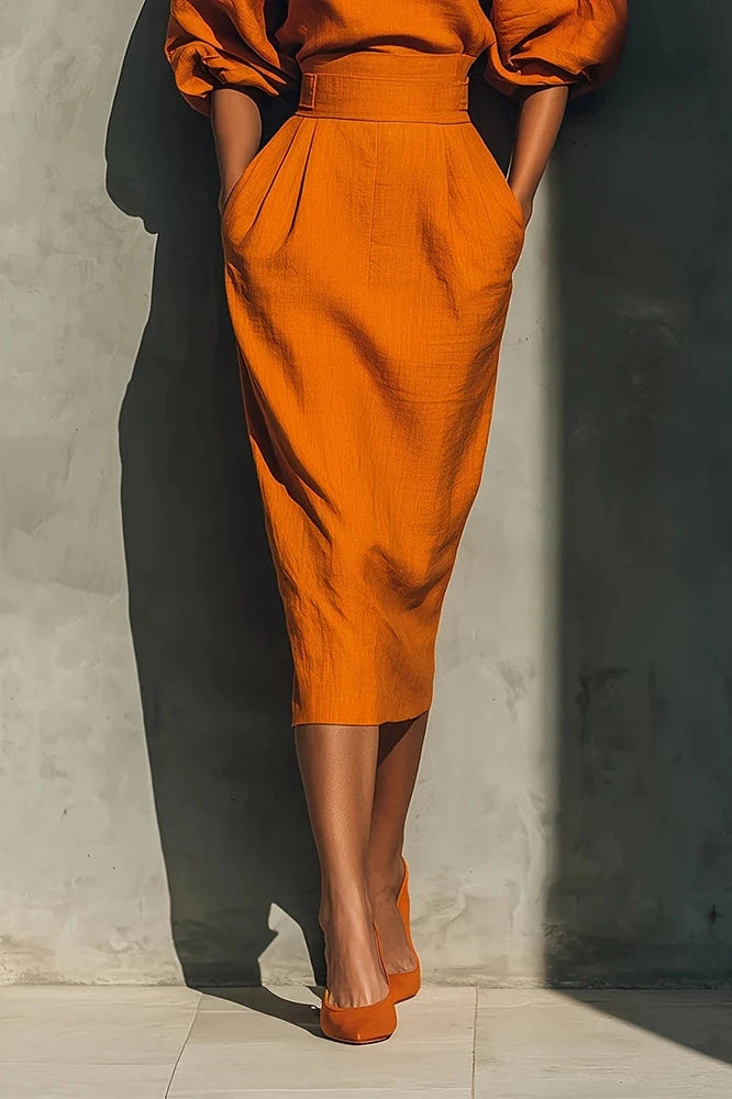 Glorol - Elegant A-Line O-Neck Lantern Sleeve High Waist Pleated Midi Dress