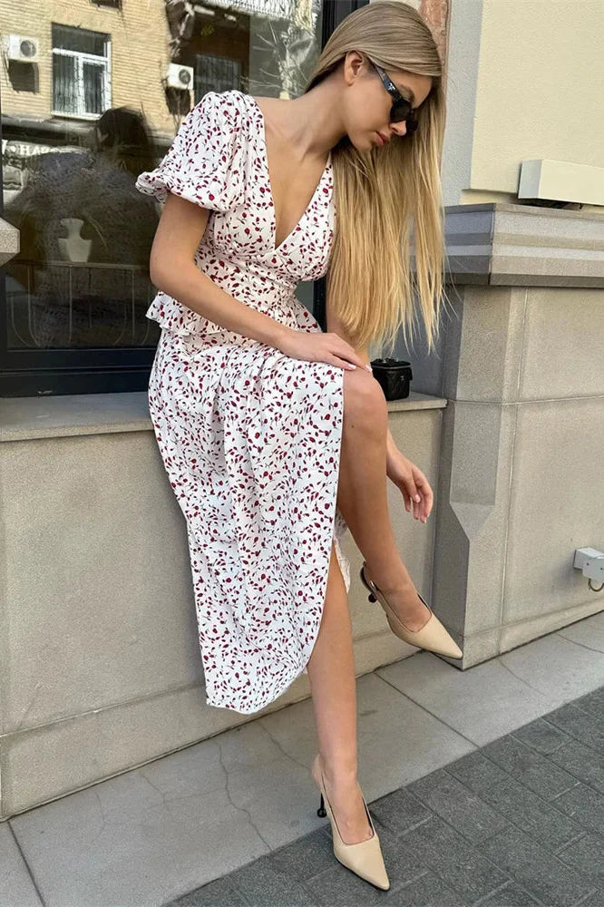Printed V-Neck Patchwork Slim Maxi Dress