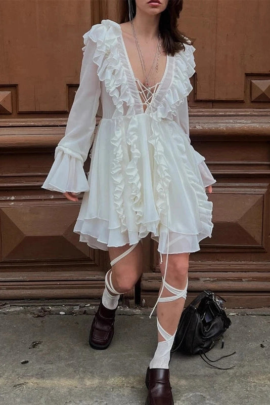 Glorol - Elegant Long-Sleeved V-Neck High-Waisted Mini Dress