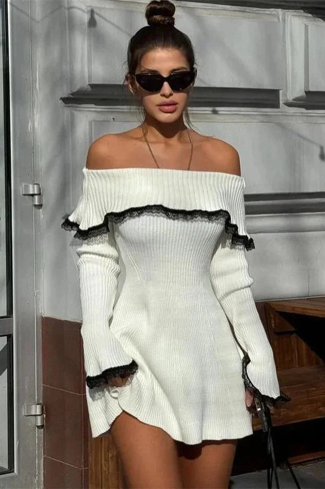 Glorol - Off-Shoulder Lace Patchwork Slim Backless Mini Dress