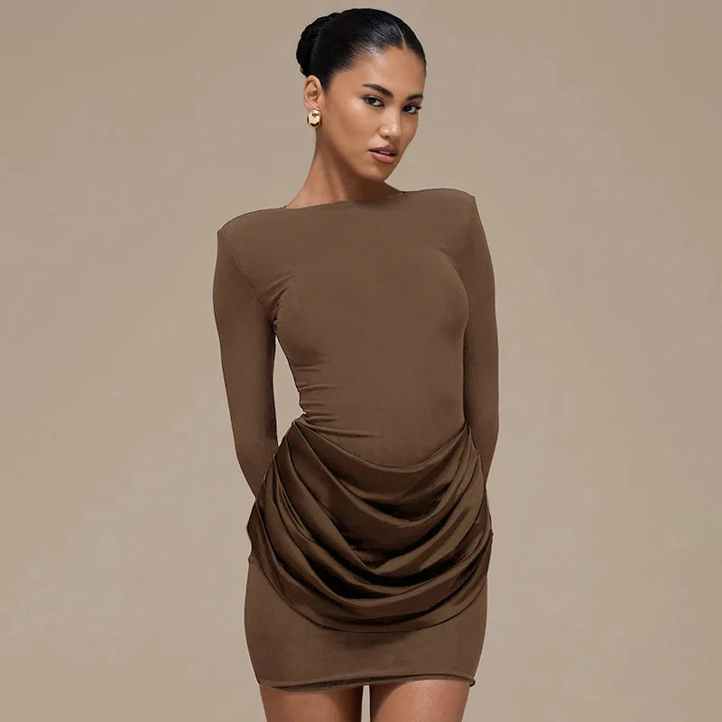 Glorol - Elegant O Neck Long Sleeve Slim Mini Dress