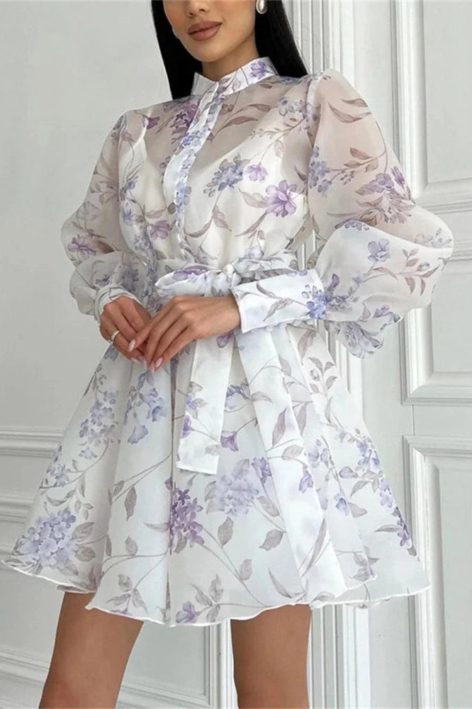 Glorol - Printed Lace-Up Long Sleeve Bodycon Mini Dress
