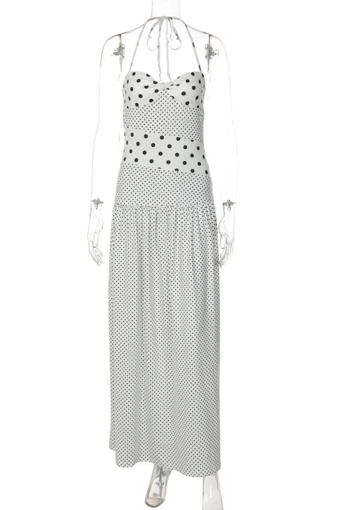 Glorol - Polka Dot Off-Shoulder Sleeveless Backless Bodycon Maxi Dress