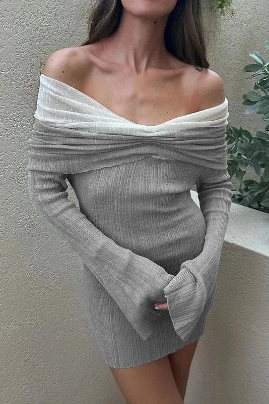 Glorol - Off-Shoulder Knitted Long Sleeve Slim Backless Mini Dress