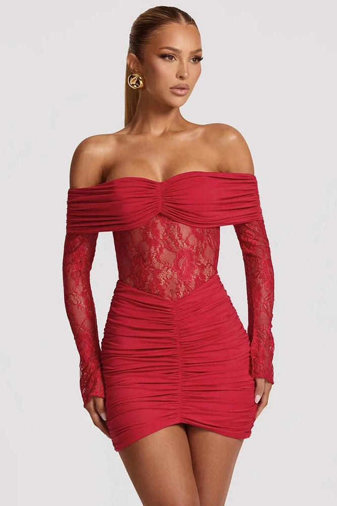 Glorol - Off-Shoulder Strapless Lace See Through Long Sleeve Mini Dress